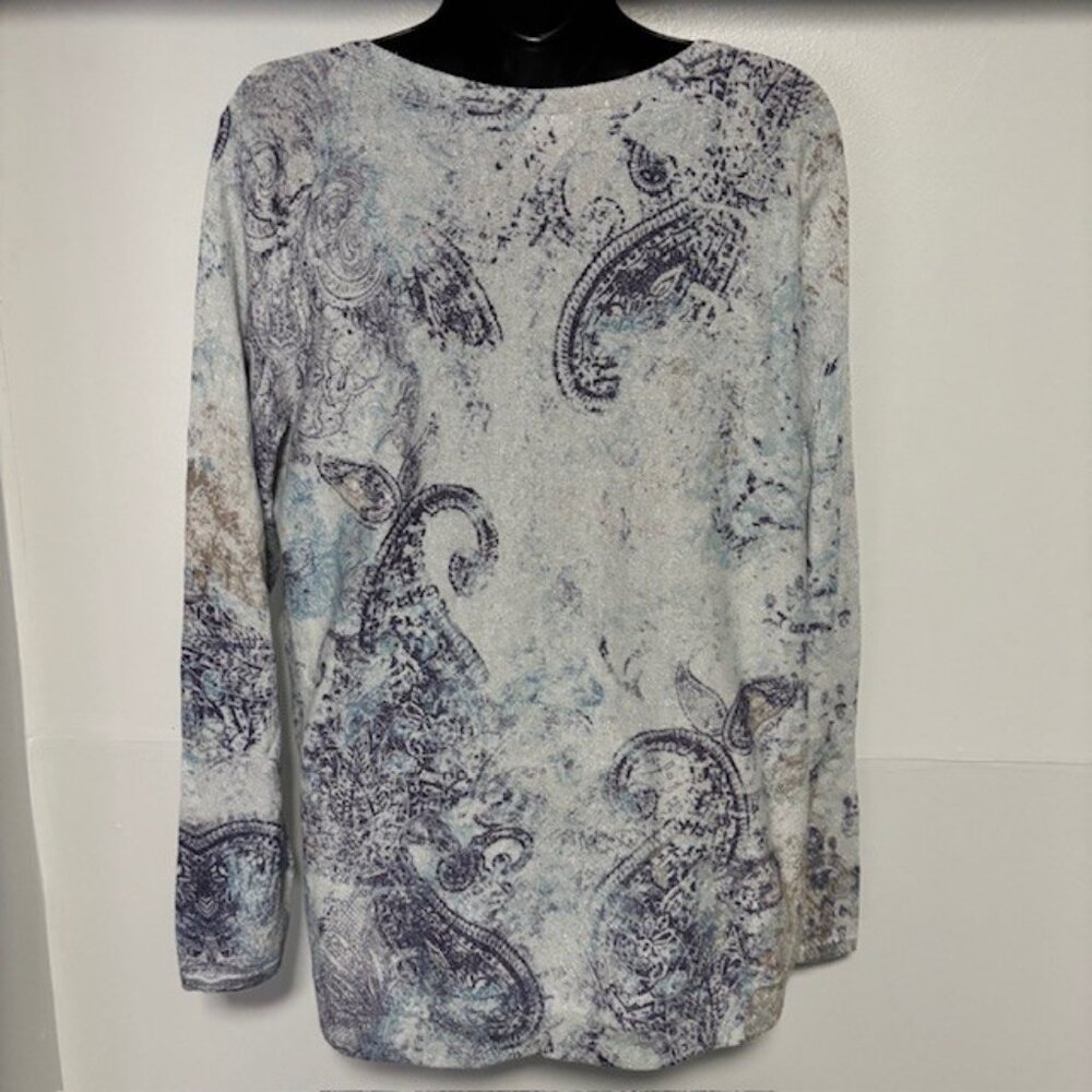 Chico's 1 M Paisley Metallic Shimmer Knit Top Blue Purple Silver Long Sleeve - Picture 4 of 7